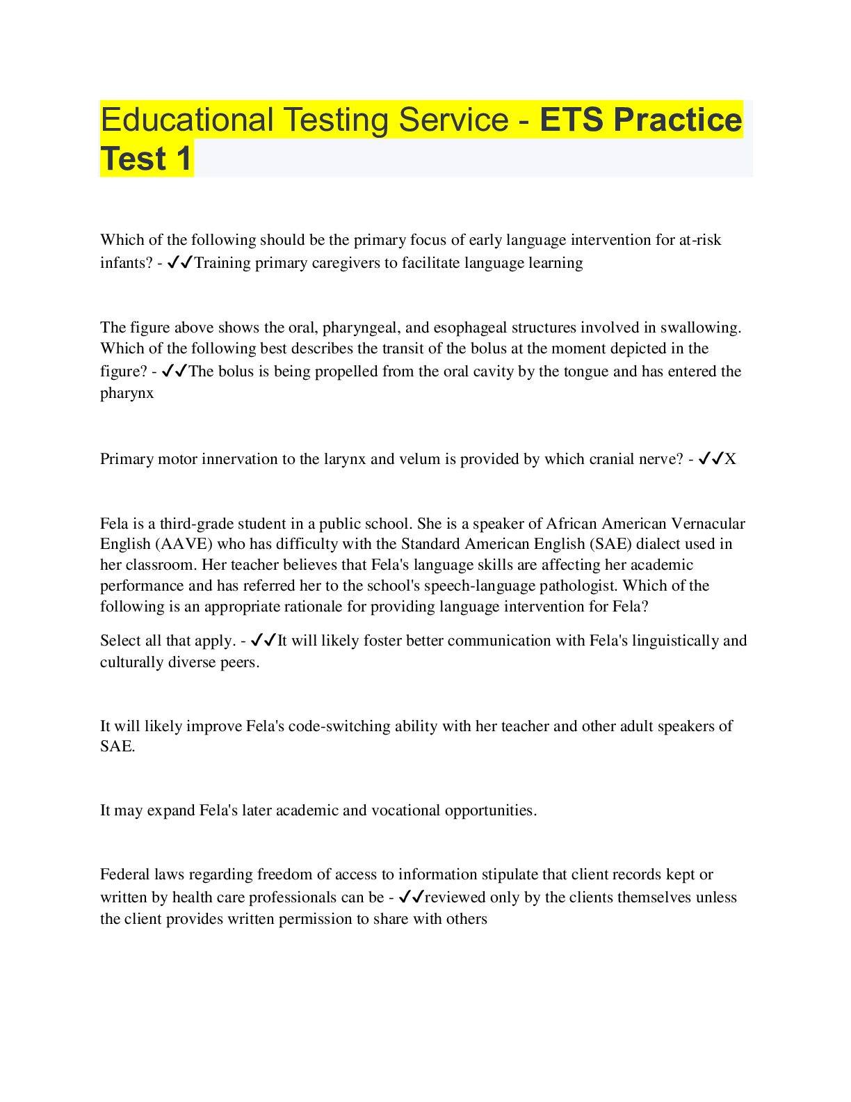 Preview image of Educational Testing Service - ETS Practice Test 1 with COMPLETE SOLUTION (94 Questions) document